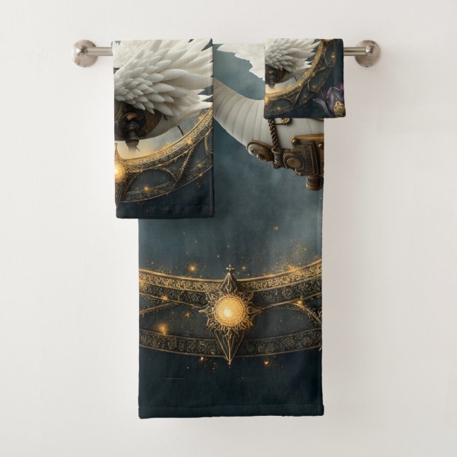 Moonlit Clockwork Swan – Keeper of Curious Dreams. Bath Towel Set (Insitu)