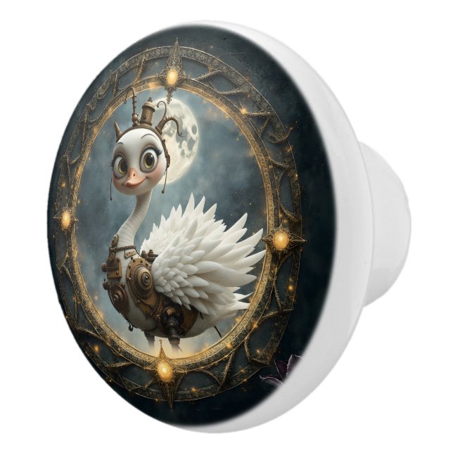 Moonlit Clockwork Swan – Keeper of Curious Dreams. Ceramic Knob (Right)