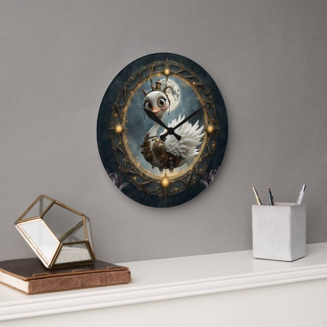 Moonlit Clockwork Swan – Keeper of Curious Dreams. Large Clock (Office)