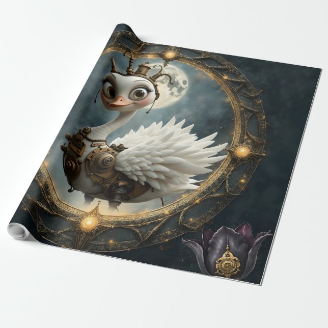 Moonlit Clockwork Swan – Keeper of Curious Dreams. Wrapping Paper (Unrolled)