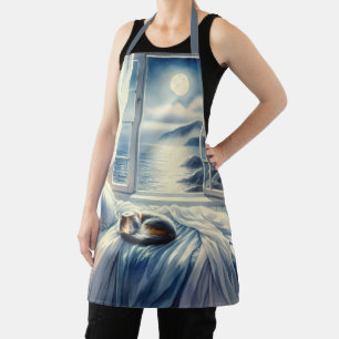Moonlit Coastal Bedroom with Sleeping Cat Apron