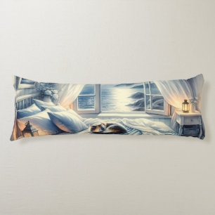Moonlit Coastal Bedroom with Sleeping Cat Body Cushion
