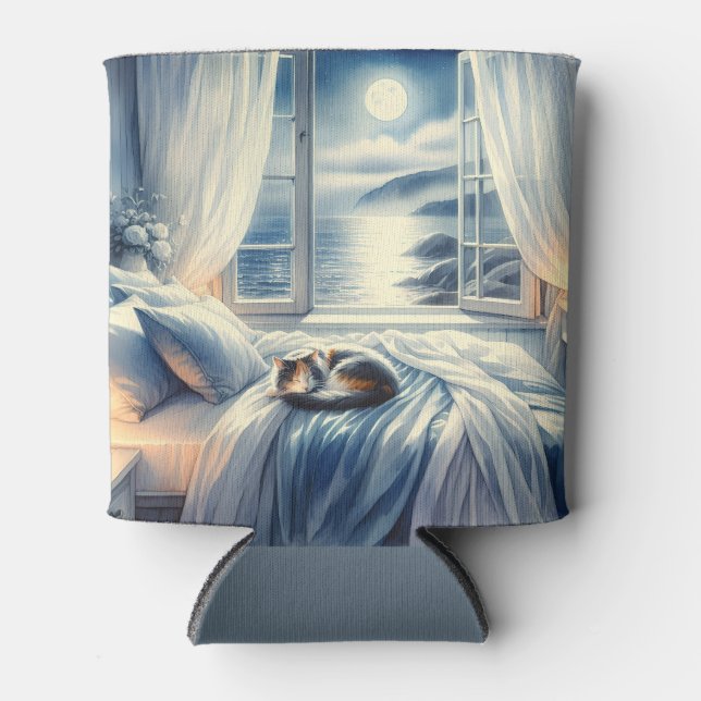 Moonlit Coastal Bedroom with Sleeping Cat Can Cooler (Front)