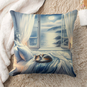 Moonlit Coastal Bedroom with Sleeping Cat Cushion
