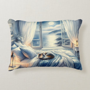 Moonlit Coastal Bedroom with Sleeping Cat Decorative Cushion