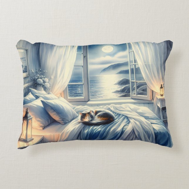 Moonlit Coastal Bedroom with Sleeping Cat Decorative Cushion (Front)