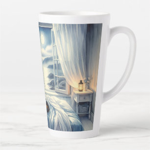 Moonlit Coastal Bedroom with Sleeping Cat Latte Mug