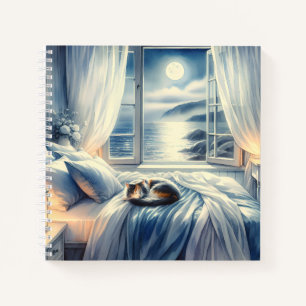 Moonlit Coastal Bedroom with Sleeping Cat Notebook