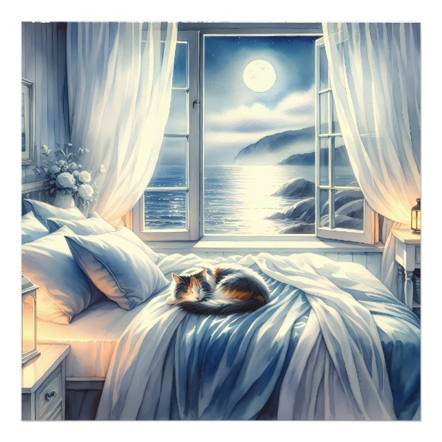Moonlit Coastal Bedroom with Sleeping Cat Photo Print (Front)