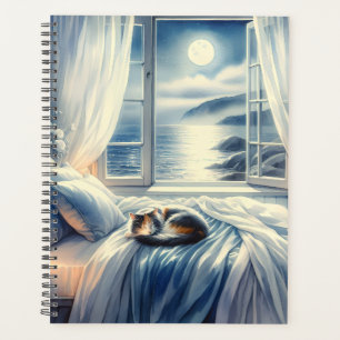 Moonlit Coastal Bedroom with Sleeping Cat Planner