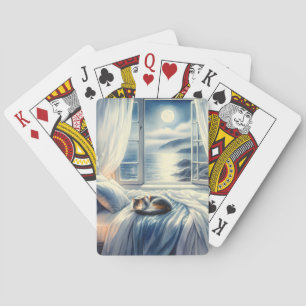 Moonlit Coastal Bedroom with Sleeping Cat Playing Cards