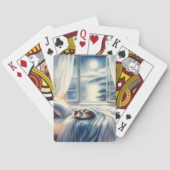 Moonlit Coastal Bedroom with Sleeping Cat Playing Cards (Back)
