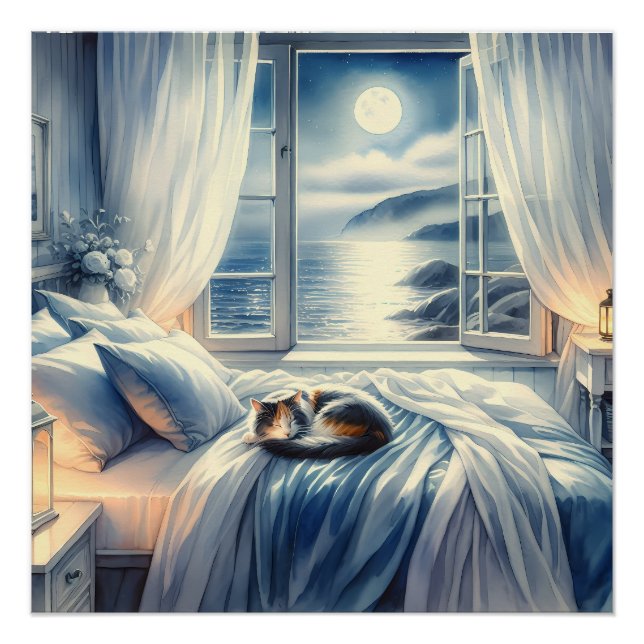 Moonlit Coastal Bedroom with Sleeping Cat Poster (Front)