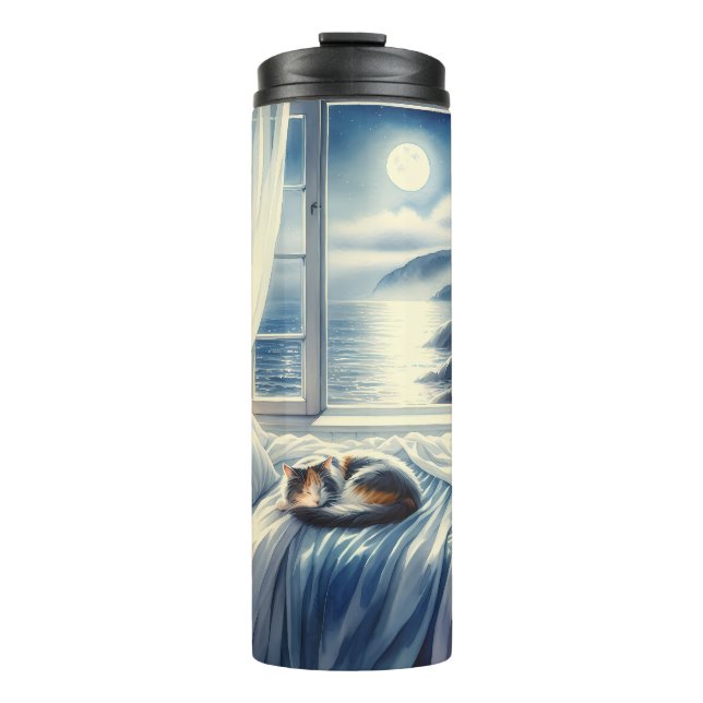 Moonlit Coastal Bedroom with Sleeping Cat Thermal Tumbler (Front)