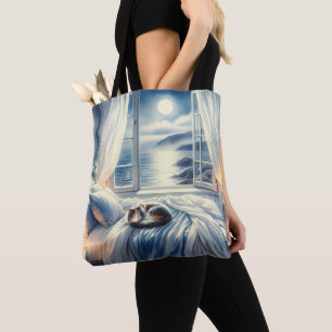 Moonlit Coastal Bedroom with Sleeping Cat Tote Bag