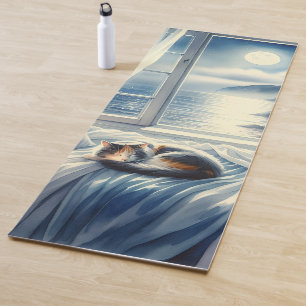Moonlit Coastal Bedroom with Sleeping Cat Yoga Mat