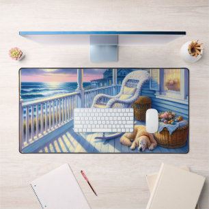Moonlit Coastal Porch with Dog & Ocean View Desk Mat