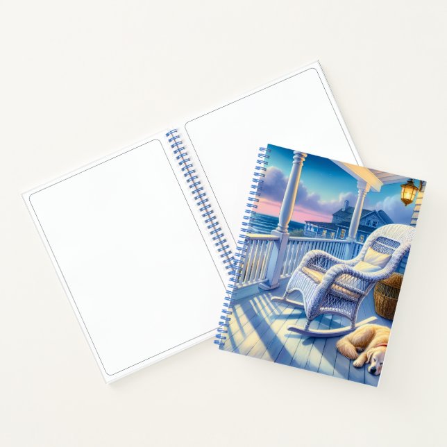 Moonlit Coastal Porch with Dog & Ocean View Notebook (Inside)