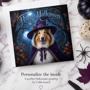 Moonlit Collie Witch Halloween Holiday Card Card
