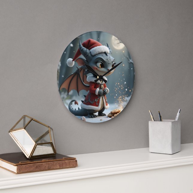 Moonlit Cookie Bandit – The Grey Christmas Dragon. Large Clock (Office)