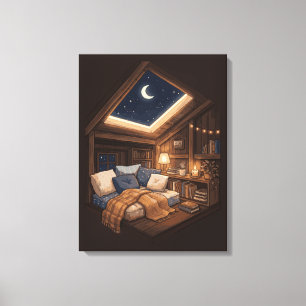Moonlit Cosy Cabin Reading Nook Illustration Canvas Print