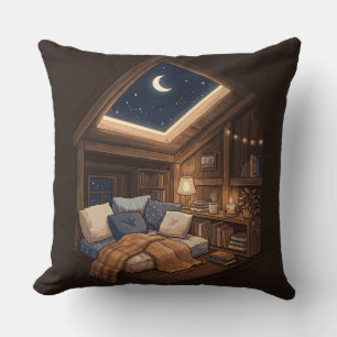 Moonlit Cosy Cabin Reading Nook Illustration Cushion
