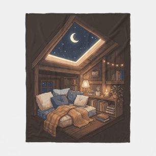 Moonlit Cosy Cabin Reading Nook Illustration Fleece Blanket