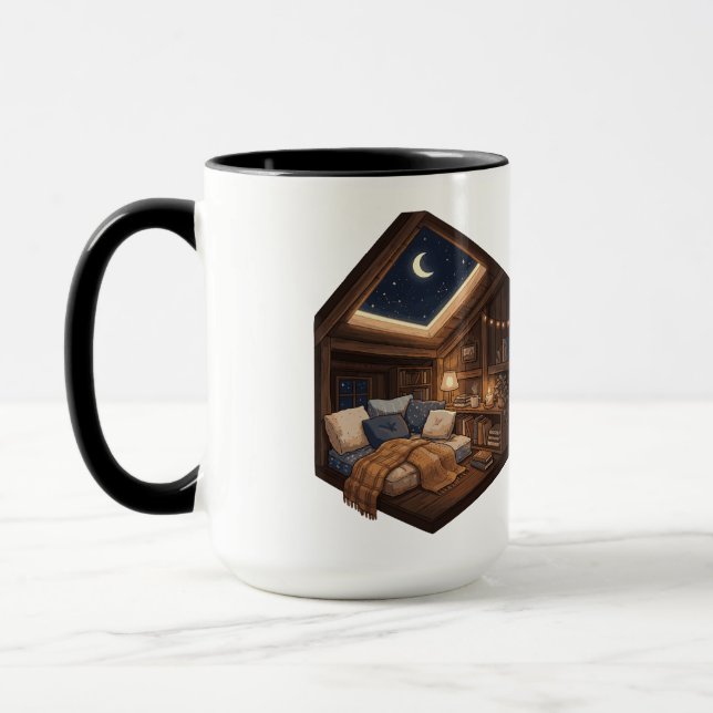 Moonlit Cosy Cabin Reading Nook Illustration Mug (Left)