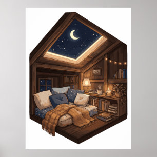 Moonlit Cosy Cabin Reading Nook Illustration Poster