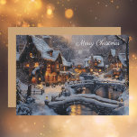 Moonlit Cosy Snow Covered Christmas Village Holiday Card<br><div class="desc">This enchanting holiday card features a captivating watercolor illustration of a snow-covered village, bathed in the soft glow of moonlight and twinkling lights. Bridges arch over a reflective stream, adding to the serene and nostalgic atmosphere. With a custom "Merry Christmas" script on front and a solid background and a customisable...</div>