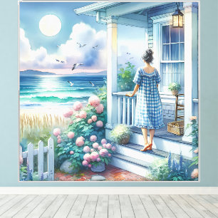 Moonlit Cottage Porch by the Sea Canvas Print