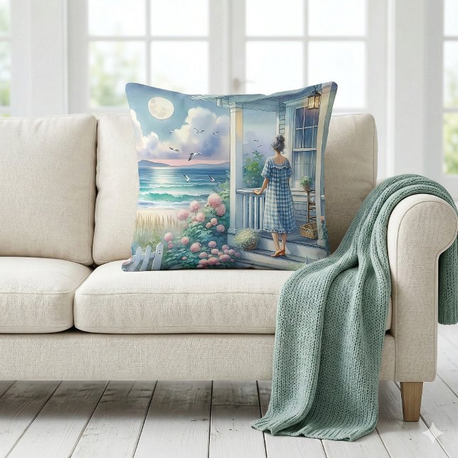 Moonlit Cottage Porch by the Sea Cushion (Moonlit Cottage Porch by the Sea Throw Pillow Mockup A)