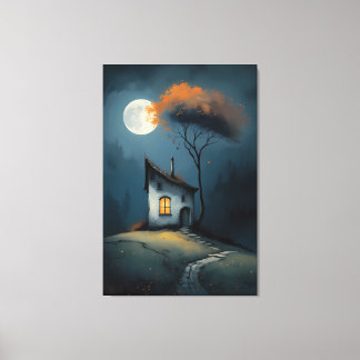 Moonlit Cottage Under the Autumn Tree Canvas Print