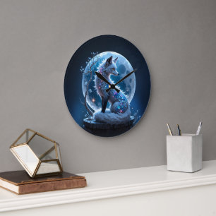 Moonlit Crystal Fox – Guardian of Silent Dreams.  Large Clock