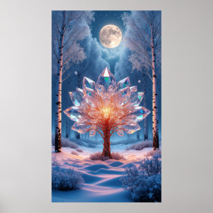 Moonlit Crystal Tree Surrounded by Snowy Forest Poster