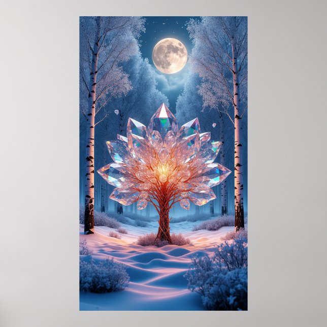 Moonlit Crystal Tree Surrounded by Snowy Forest Poster (Front)