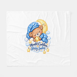 Moonlit Cuddles Starry Smiles Cute Sleeping Teddy  Fleece Blanket