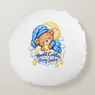Moonlit Cuddles Starry Smiles Cute Sleeping Teddy Round Cushion