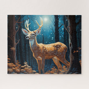Moonlit Deer Forest Scene Majestic Wildlife Jigsaw Puzzle