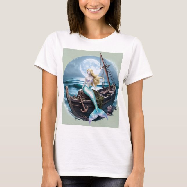 Moonlit Depths: Mermaid and the Forgotten Shipwrec T-Shirt (Front)