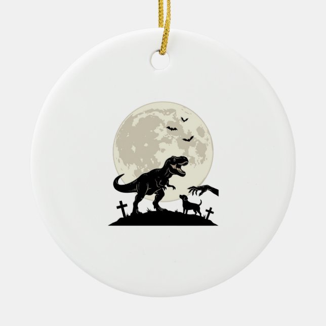Moonlit Dinosaur Dog Graveyard Silhouette Shirt_1 Ceramic Tree Decoration (Front)