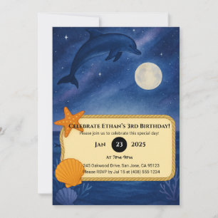 Moonlit Dolphin & Ocean Night Scene Birthday  Invitation
