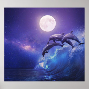 Moonlit Dolphins: Night Ocean Fantasy Poster