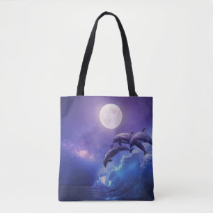 Moonlit Dolphins: Night Ocean Fantasy Tote Bag