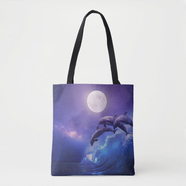Moonlit Dolphins: Night Ocean Fantasy Tote Bag (Front)