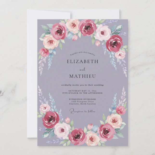 Moonlit Dusty Mauve Peony Wedding Invitation (Front)