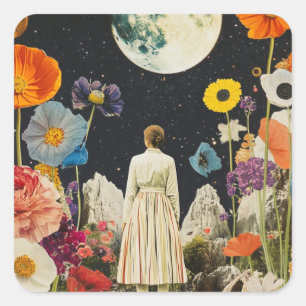Moonlit Elegance - Back View of Woman with Moon 3 Square Sticker