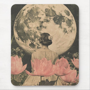 Moonlit Elegance - Back View of Woman with Moon Mouse Pad