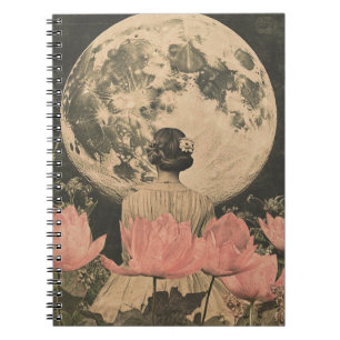 Moonlit Elegance - Back View of Woman with Moon Notebook
