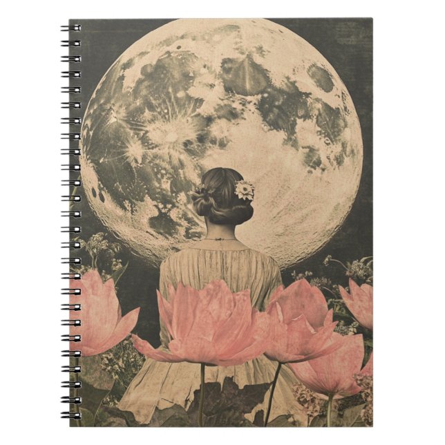 Moonlit Elegance - Back View of Woman with Moon Notebook (Front)